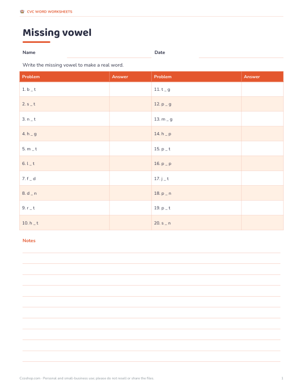 Preview of Missing Vowel CVC Worksheets